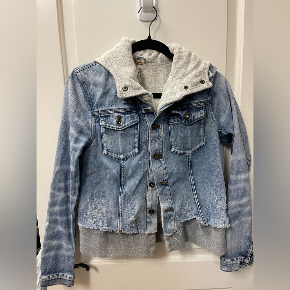 Free People denim jacket with gray sweatshirt hoodie